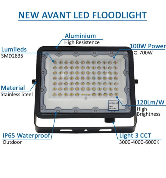 100W  New Avant Black LED Floodlight CCT Selectable