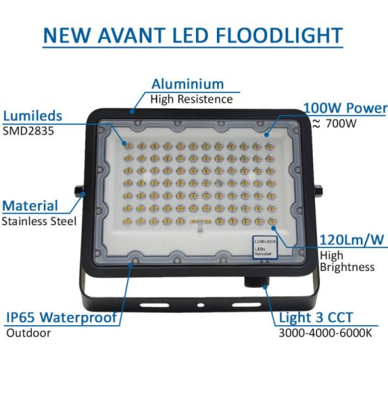 100W NEW AVANT LED Floodlight Black 3 CCT - Flood & Spot Lights - Floodlights