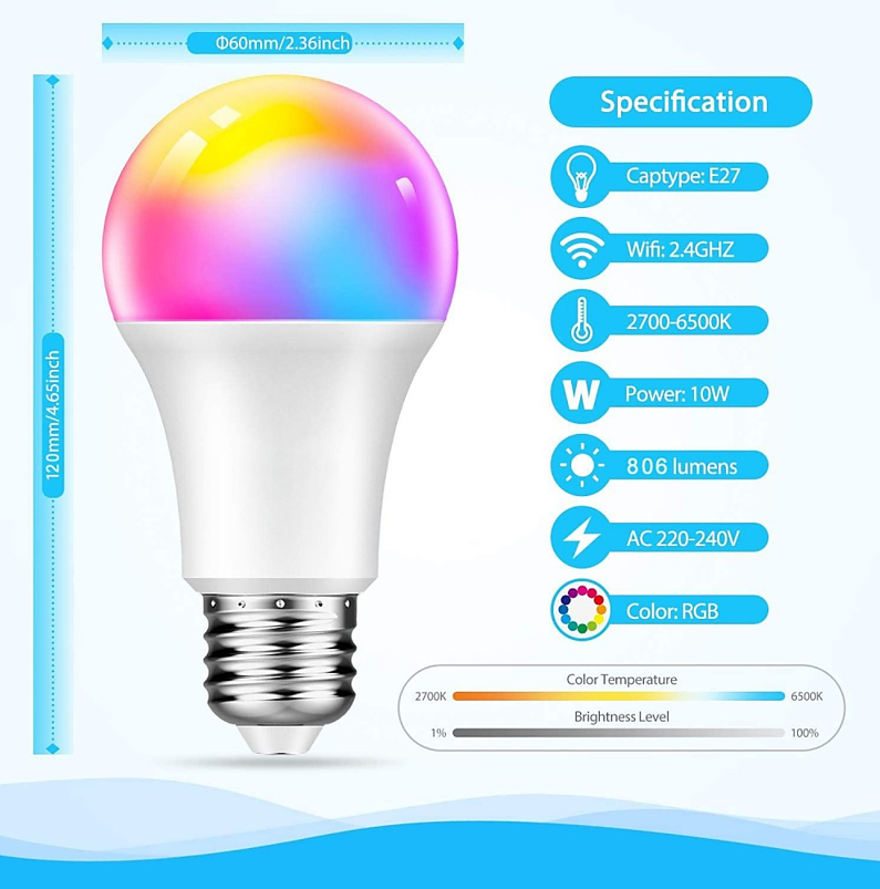 10W Dimmable Smart E27 LED Bulb with Remote Control RGB - E27 Smart