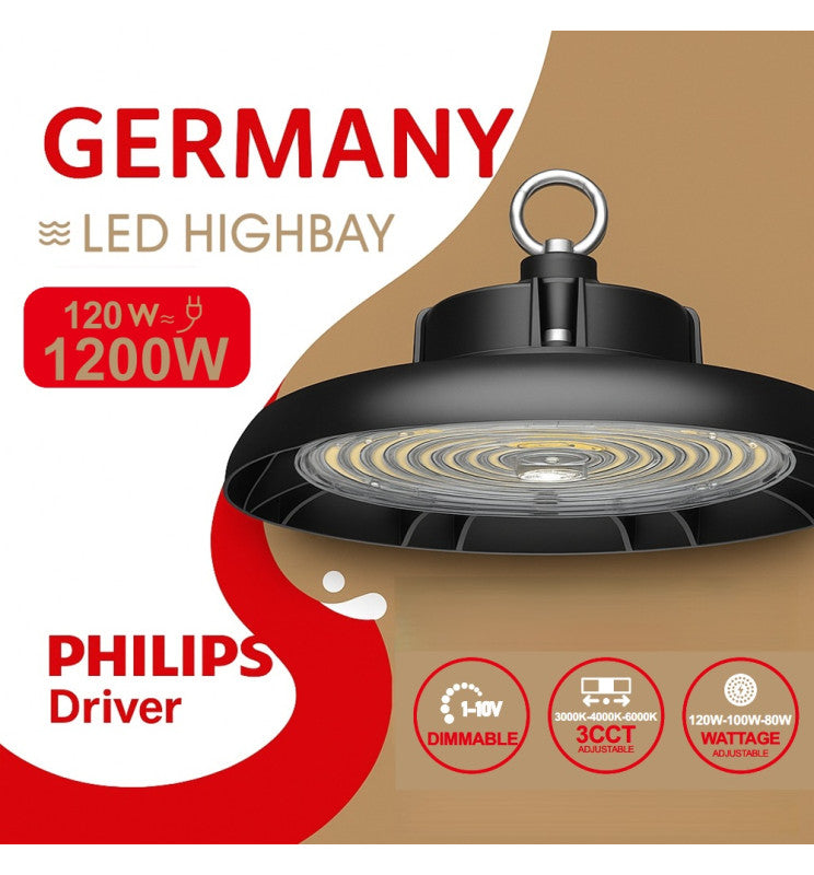 120W-100W-80W Industrial LED UFO High Bay GERMANY Philips Xitanium Driver 3CCT 1-10V Dimmable