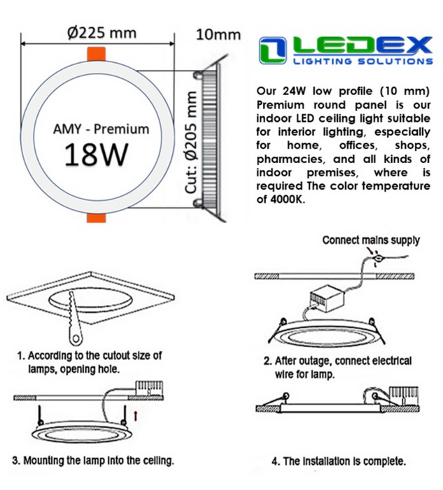 18W AMY Slim 225mm Round LED Panel 4000K - LED ceiling lighting