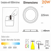 20W Round LED Downlight with OSRAM Chip UGR19 3 CCT - Ceiling Light Fixtures - Downlights