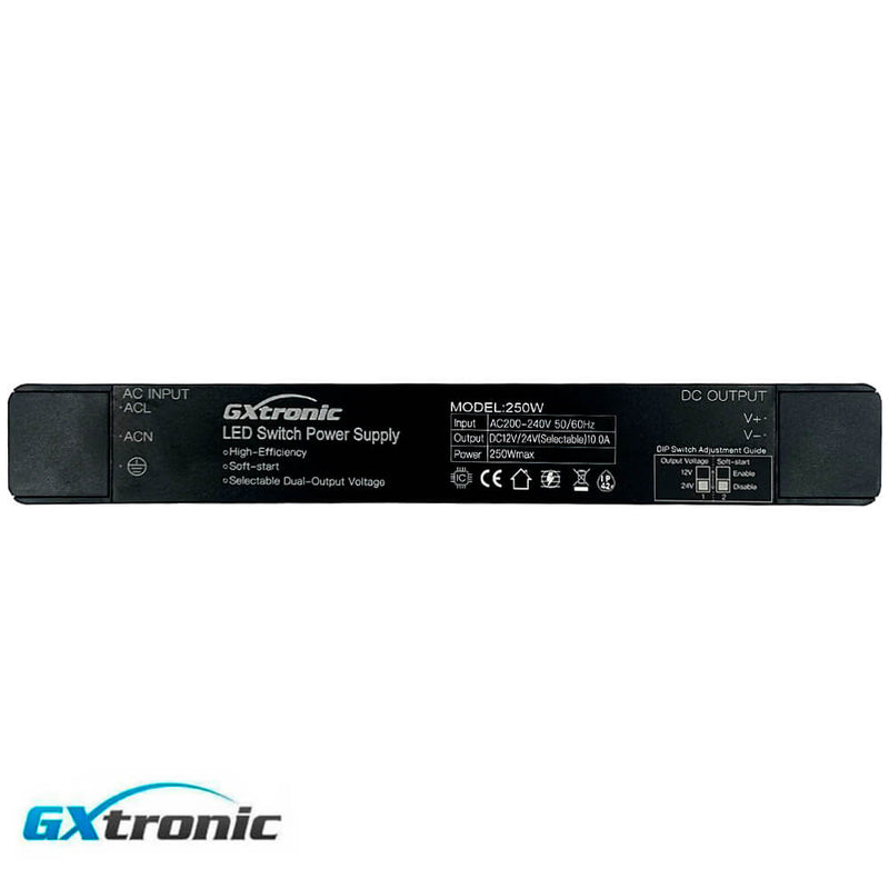 250W Slim GXtronic Power Supply Selectable Dual Output 12V/24VDC 10A IP42