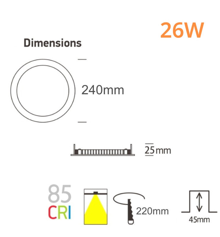26W Slim LED Downlight with OSRAM Chip 3 CCT Cut-out 220mm - Ceiling Light Fixtures - Panels