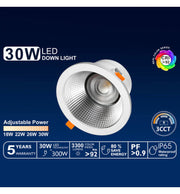 30W Circular LED Downlight GXtronic CRI + 92 Cut-out Ø145mm 3CCT IP65 - Ceiling Light Fixtures - Downlights