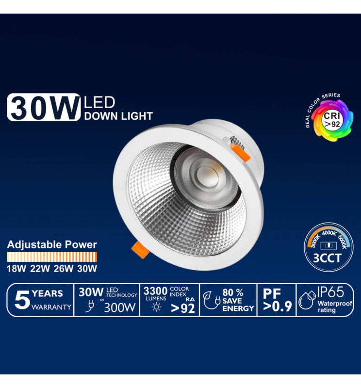 30W Circular LED Downlight GXtronic CRI + 92 Cut-out Ø145mm 3CCT IP65 - Ceiling Light Fixtures - Downlights