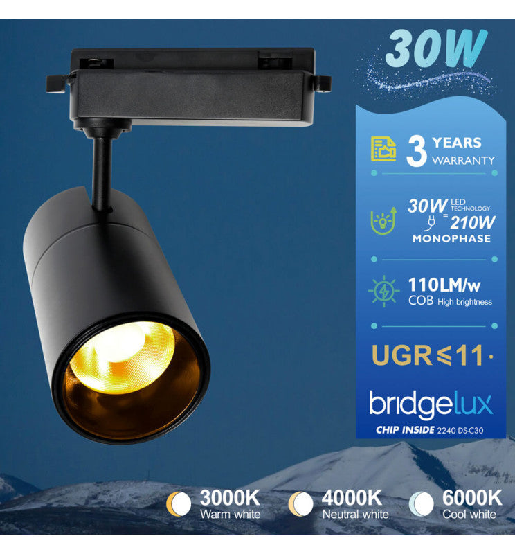 30W LED Track Light PARIS Black Single-Phase with Bridgelux Chip UGR11 24º - Track Lighting Fixtures - Track Lighting