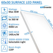 36W Surface Mounted or Recessed LED Panel 60X30 GXtronic Driver 3CCT - Ceiling Light Fixtures - Panels