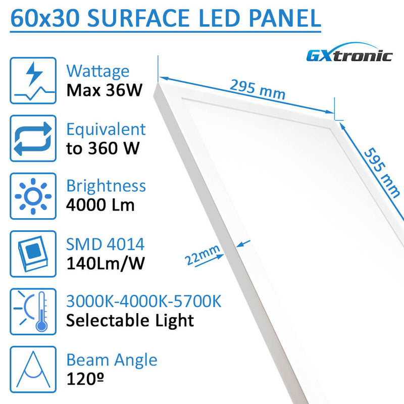 36W Surface Mounted or Recessed LED Panel 60X30 GXtronic Driver 3CCT - Ceiling Light Fixtures - Panels