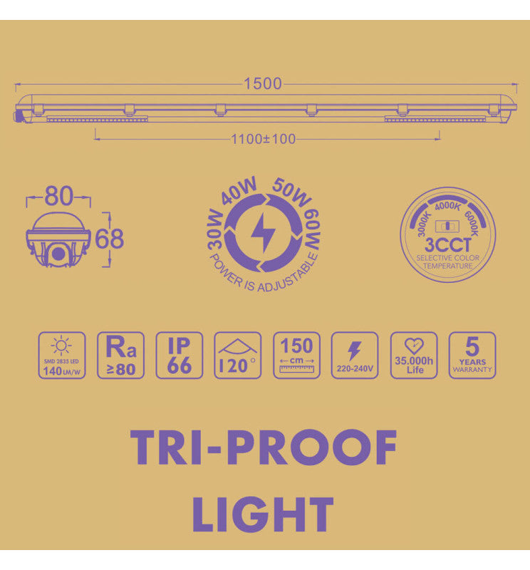 60W 50W 40W 30W Tri-Proof LED Batten 150cm with GXtronic Driver and OSRAM Chip 3CCT IP66