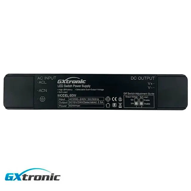 60W Slim GXtronic Power Supply Selectable Dual Output 12V/24VDC 2.5A IP42