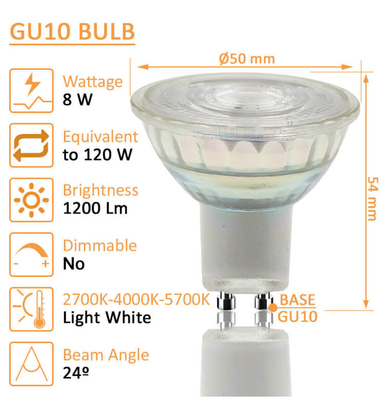 8W HIGH LUMINOSITY LED GU10 Bulb - Glass - 24º 2700K - LED Light Bulbs - Lamps