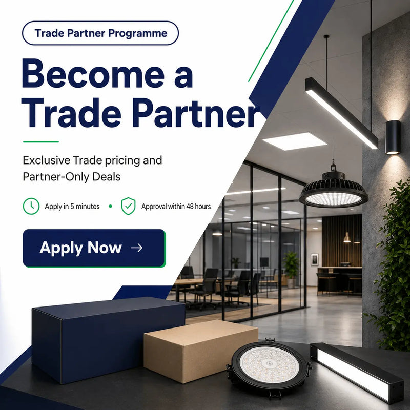 Advertisement for a trade partner program with office interior and lighting products.