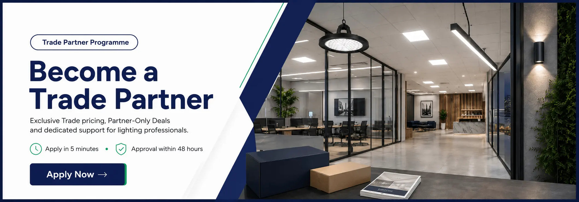 Advertisement for becoming a trade partner with a modern office interior in the background.