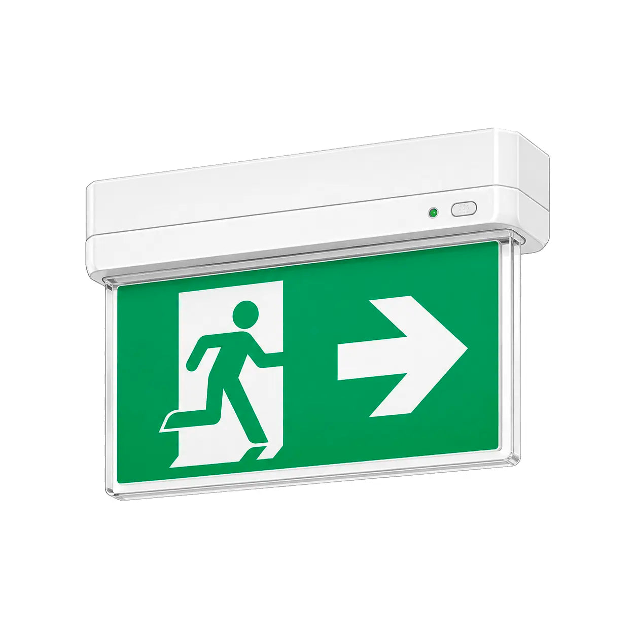 Green emergency exit sign with white arrow and figure on a white background
