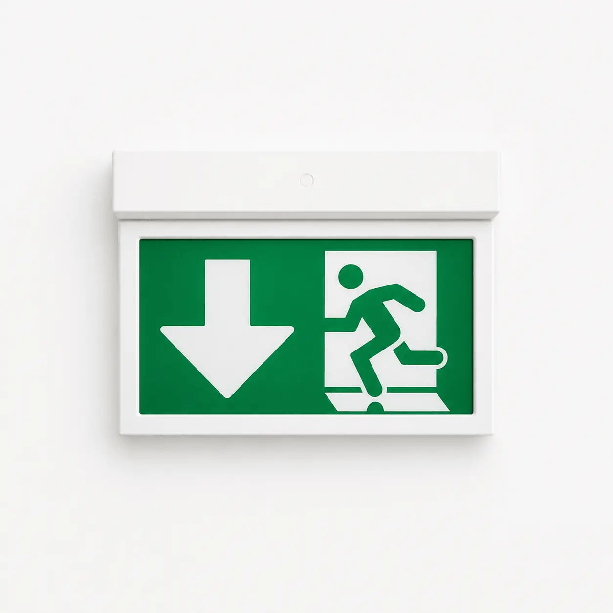 Emergency exit sign with white arrow and figure on a green background