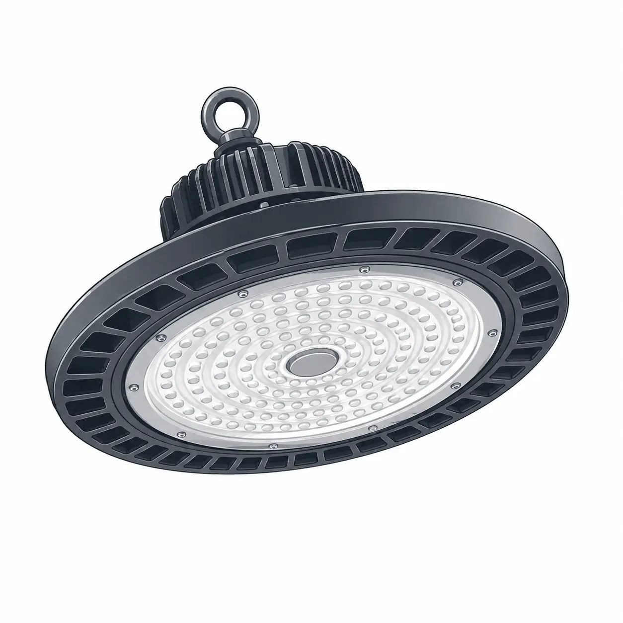 High-bay industrial light fixture on a white background