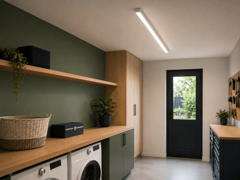 Modern laundry room with wooden shelves, washing machine, batten light and door to outside.