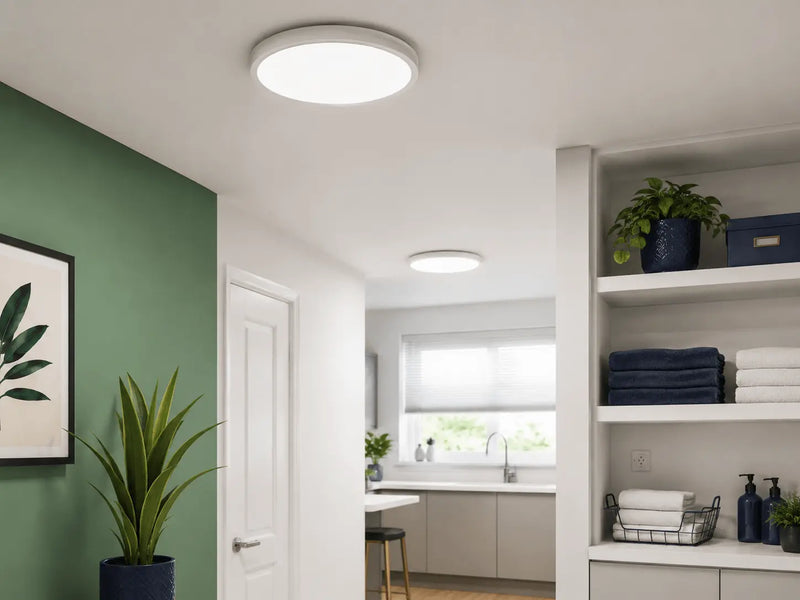 Modern kitchen with green wall, white ceiling lights, and shelves with towels and plants.