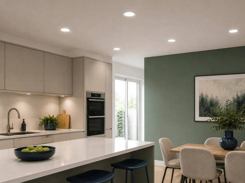 Modern kitchen with white countertops, gray cabinets, downlights, and a dining area.