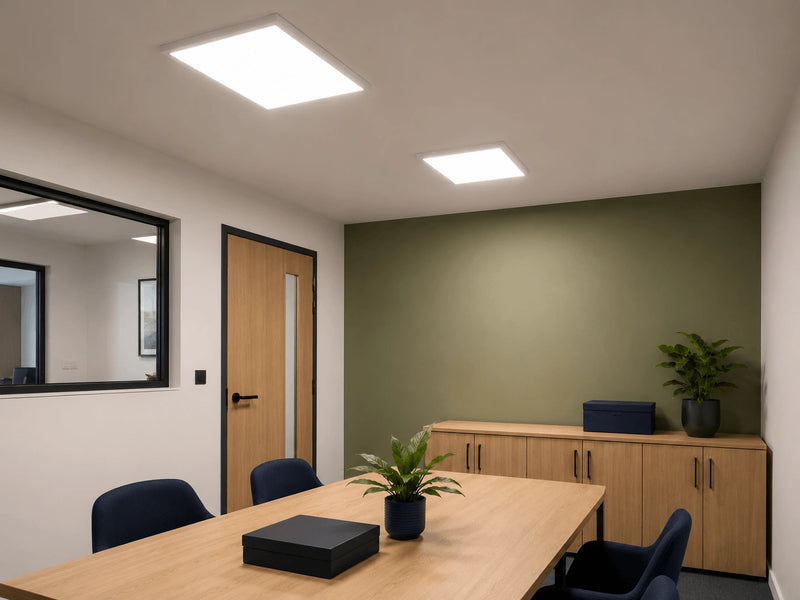 Modern office meeting room with wooden table, chairs, panel lights and cabinets.