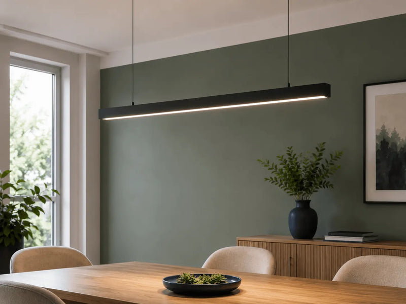 Modern dining room with a long pendant light, wooden table, and green wall.