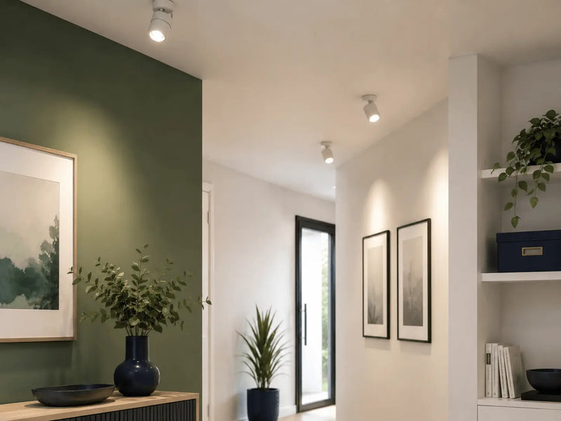 Modern interior with green wall, white walls, white spotlights, and decorative elements.