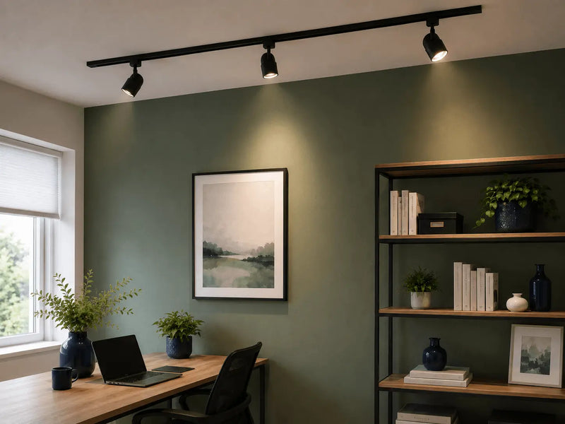 Modern office space with a desk, tracking lights, bookshelf, and wall art.