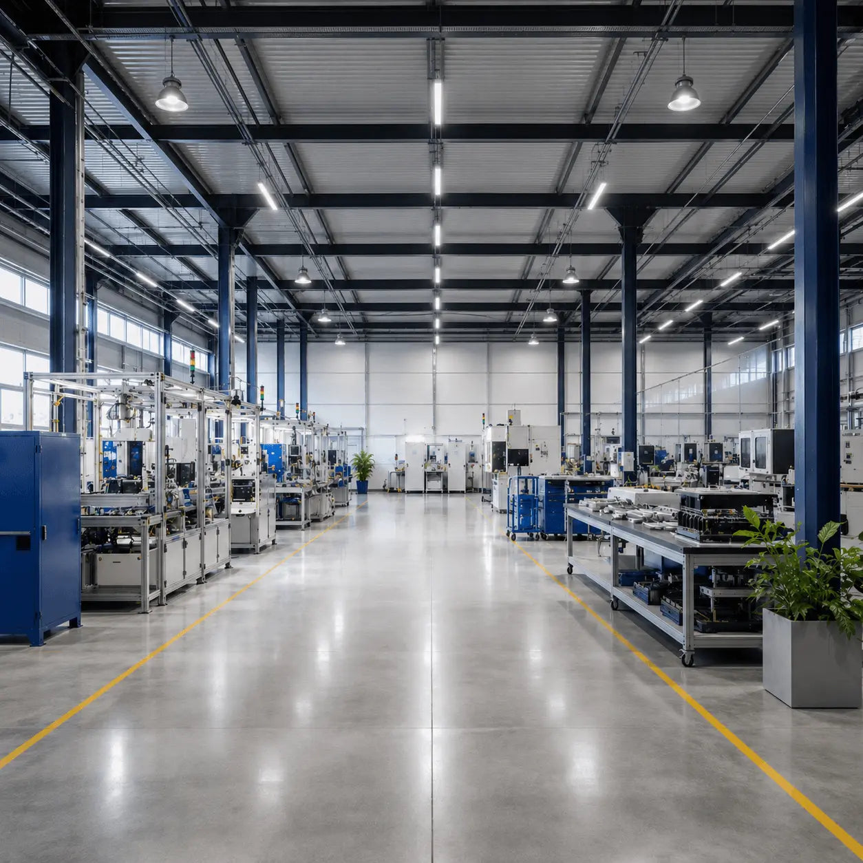 Manufacturing facility with industrial lighting and a clean layout
