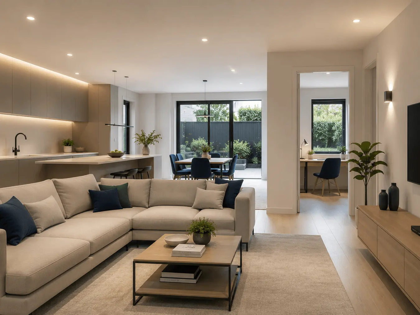 Modern living room with beige sectional sofa, coffee table, and kitchen in the background.
