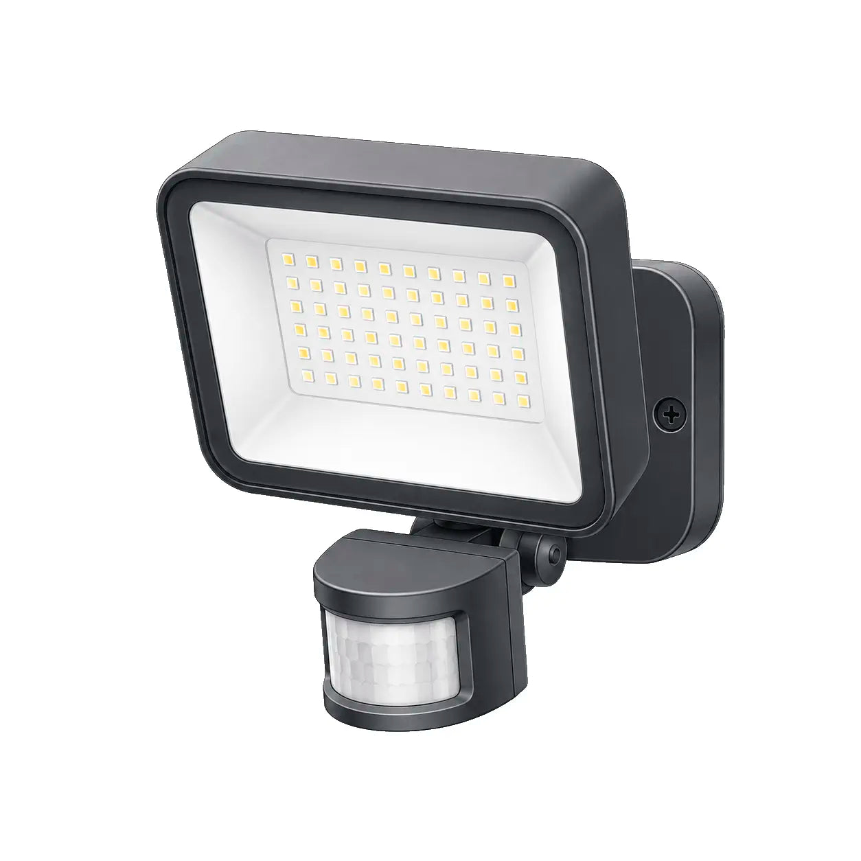 Black outdoor floodlight with motion sensor on a white background