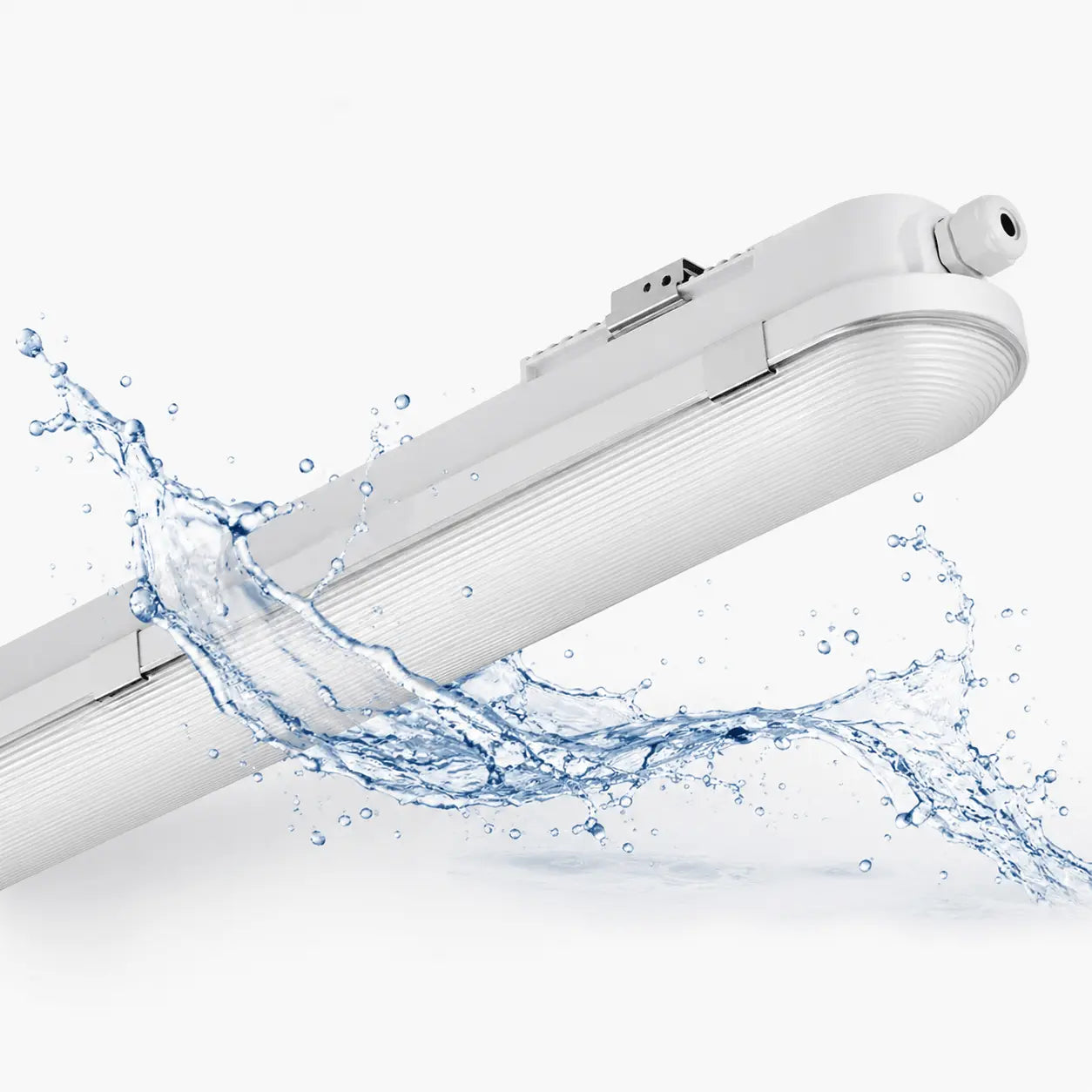 Waterproof LED batten light with water splashes on a white background