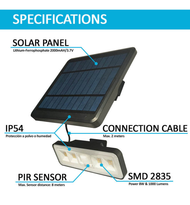 Solar LED Sconce with Detachable Panel - 1000 Lumens - PIR Motion Sensor - 4000K