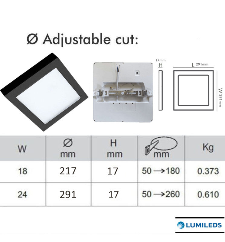 24W Square MOSS LED Ceiling Light in Black 3 CCT with Adjustable Cut-Out - LED ceiling lighting