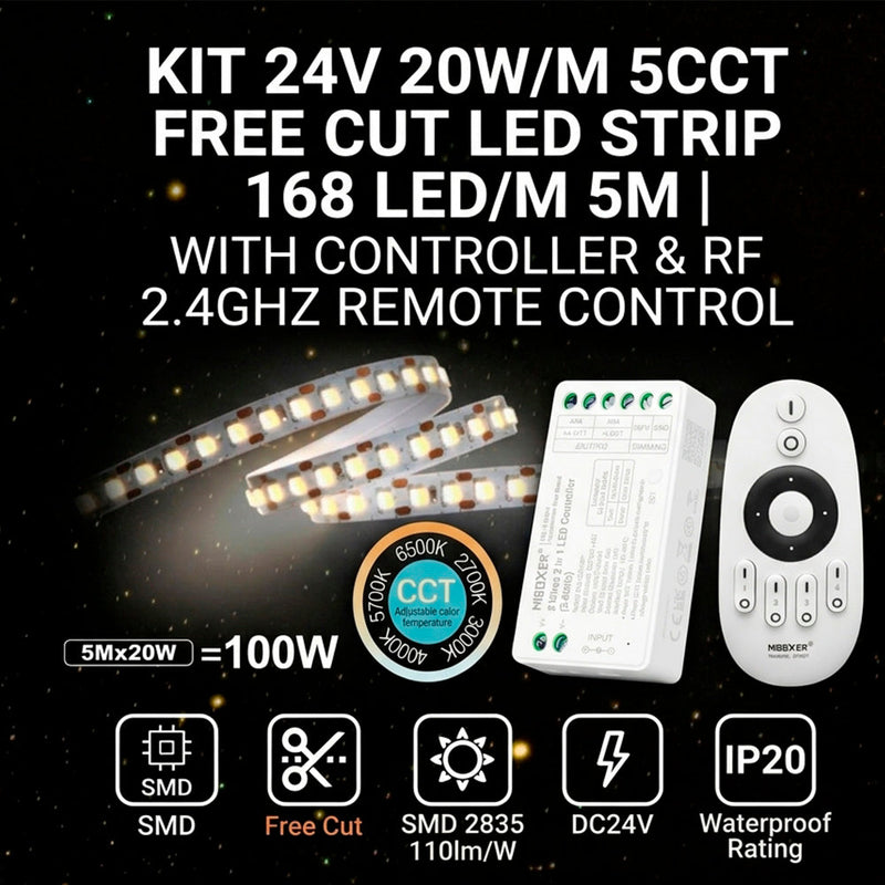 24V 20W/m 5M LED Strip Kit With Controller & Remote Control 5CCT