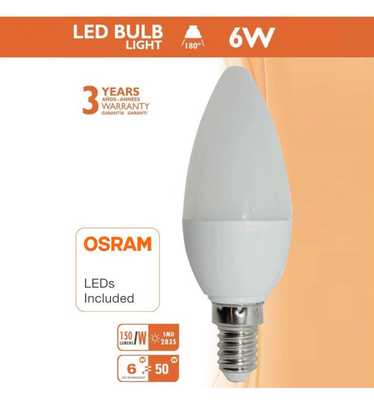6W C37 E14 LED Candle Bulb with OSRAM Chip 6000K - E14 Candle Bulb
