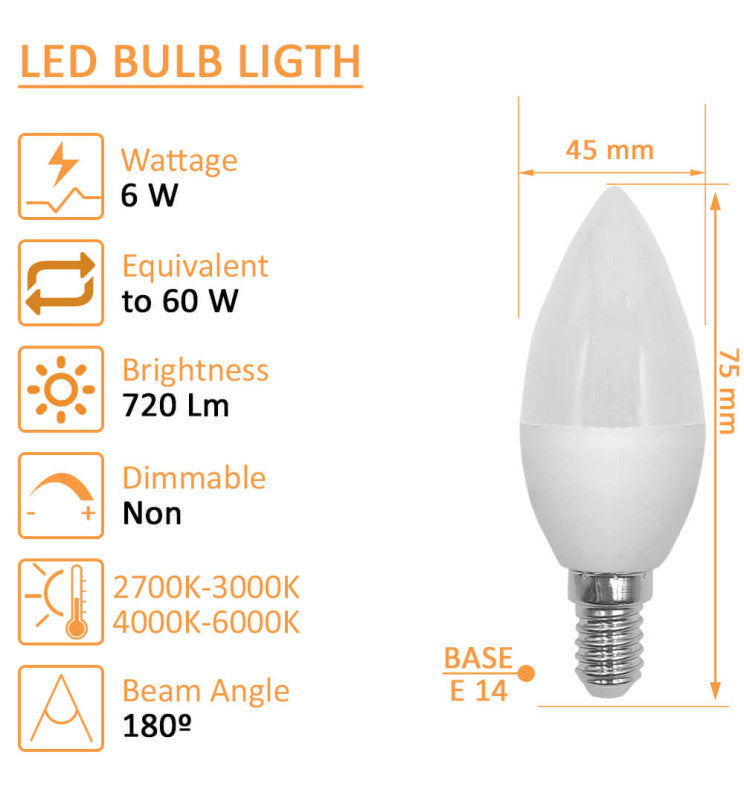 6W C37 E14 LED Candle Bulb with OSRAM Chip 6000K - E14 Candle Bulb