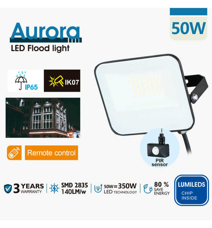 50W LED Floodlight AURORA 140Lm/W with PIR Motion Sensor