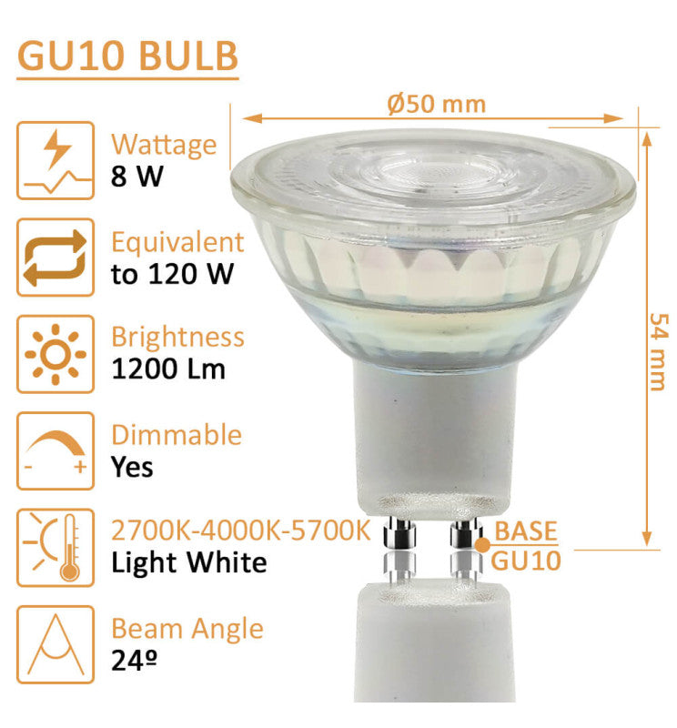 8W HIGH LUMINOSITY DIMMABLE LED GU10  Bulb - Glass - 24º 5700K