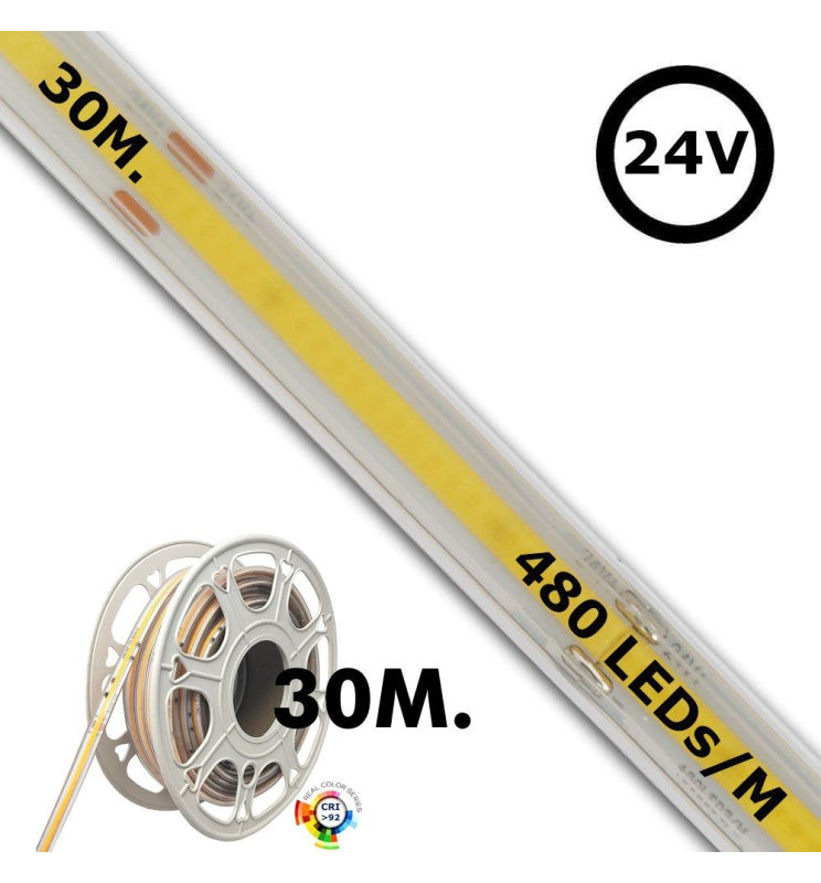 24V LED COB Strip 480 LED/m 1200Lm/M 12W/M CRI90 IP67 - 30m - LED Strip