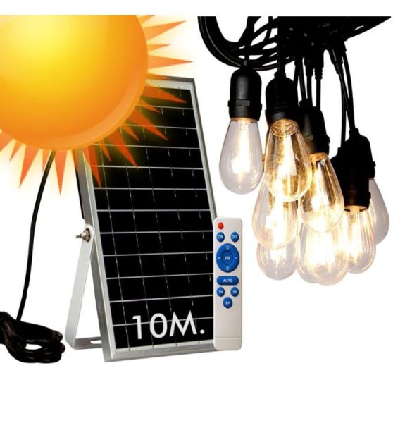 10 Meters LED Solar String Light with 10x E27 Bulbs & Remote Control