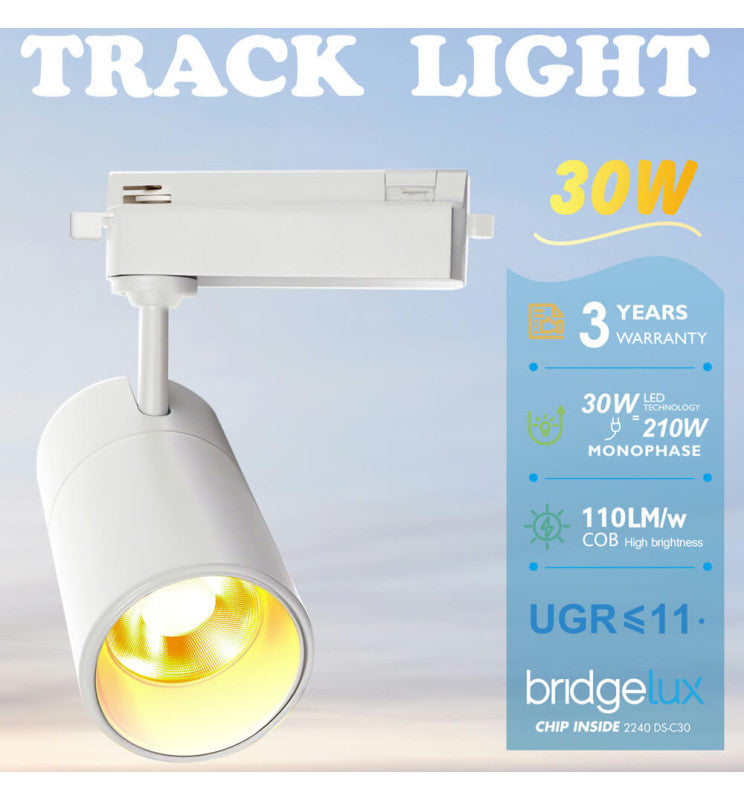30W LED Track Light PARIS White Single-Phase with Bridgelux Chip UGR11 24º